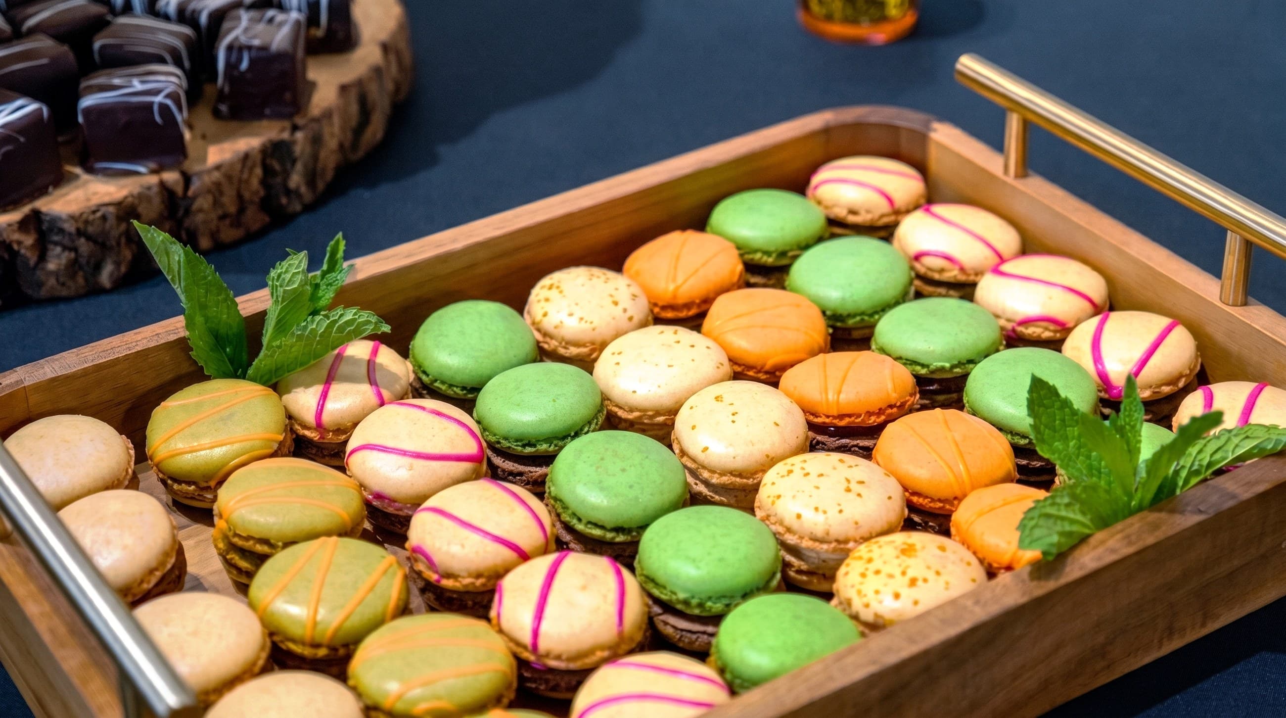 A wooden tray of macarons with fresh mint